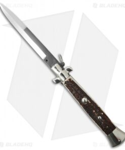 AGA Campolin 15" Ring Pull Automatic Italian Stiletto Stag Horn (7" Satin Bayo)