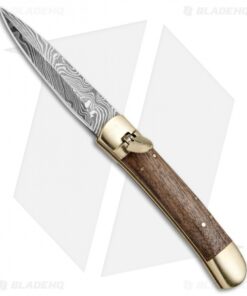 9" Leverlock Dagger Automatic Stiletto Knife Dark Wood (3.8" Damascus)