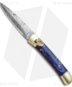 9" Leverlock Dagger Automatic Stiletto Knife Blue Wood (3.8" Damascus)