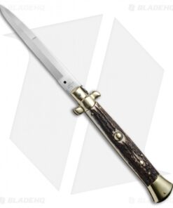 AGA Campolin 15" Auto Italian Stiletto Knife Stag Horn/Brass (7" Satin Bayo)