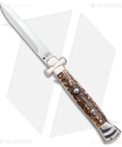 AGA Campolin 9" Maltese Cross Stiletto Automatic Knife Stag Horn (4" Polish)