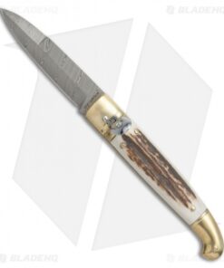 AGA Campolin Brass Lever Lock Automatic Knife Stag Horn (3.75" Damascus)
