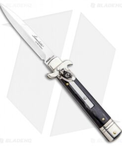 AKC Leverletto 7.75" Lever Lock Auto Italian Knife Dark Horn (3.25" Satin Bayo)