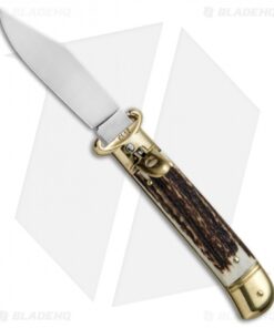 SKM 8" Lever Lock Italian Auto Stag Bone w/ Brass Bolster (3.2" Polish)