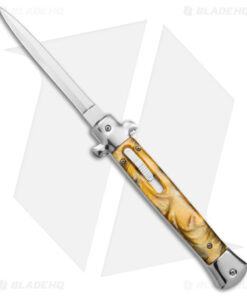 11" Stiletto OTF Automatic Knife Yellow Acrylic (4.8" Satin) Dagger w/o Clip