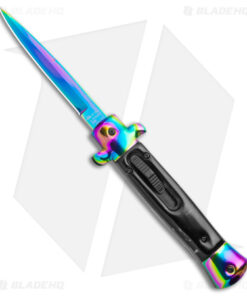 9" Italian Stiletto OTF Auto Knife Black Acrylic Rainbow Bolster (3.5" Rainbow)