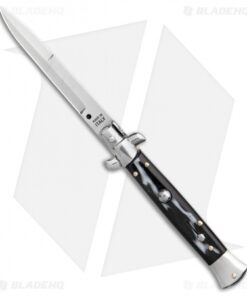 SKM 9" Italian Stiletto Automatic Knife Sim Dark Horn (3.8" Satin Bayo)