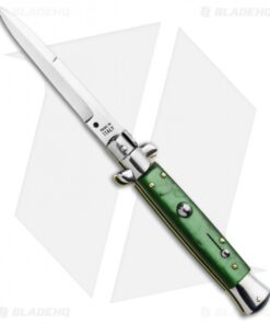 SKM 9" Italian Stiletto Automatic Knife Green Acrylic (4" Satin Bayonet)