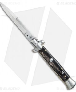 SKM 9" Italian Stiletto Automatic Knife Dark Horn (4" Satin Bayonet)