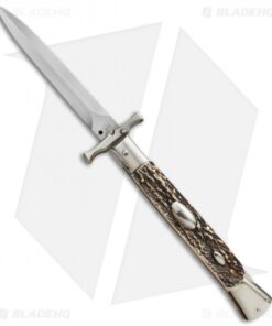 AGA Campolin 13" Bat Swinguard Automatic Knife Stag Horn (5.75" Satin Dagger)
