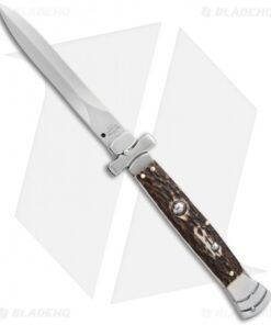 AGA Campolin 9" Maltese Cross Stiletto Automatic Stag Horn (4" Satin Dagger)