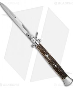 AGA Campolin 18" Ring Pull Automatic Italian Stiletto Stag Horn (8" Satin Bayo)