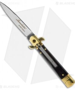 AKC Leverletto 7.75" Lever Lock Auto Italian Knife Dark Horn (3.2" Satin Flat)