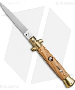SKM AB 9" Italian Stiletto Automatic Knife Brass/Olive Wood (4" Satin Flat)